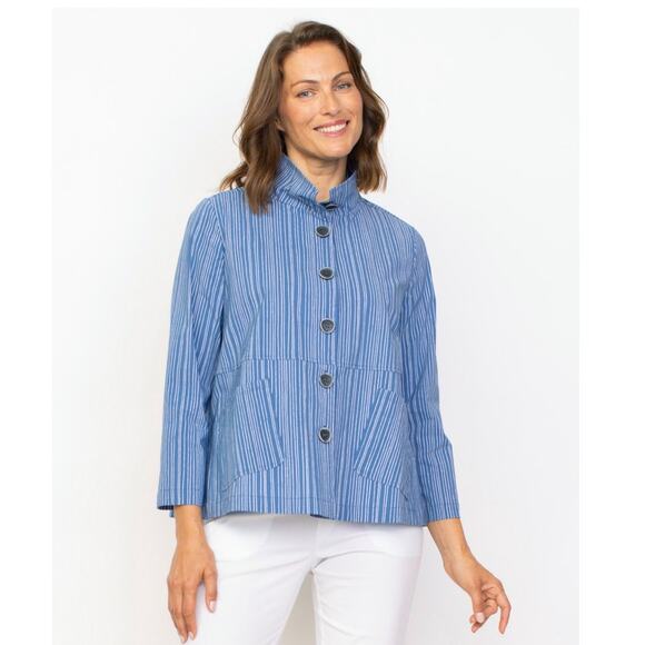 Habitat Clothes To Live In Power Stretch Swing Jacket M Blue Stripe Lagenlook - Picture 1 of 12